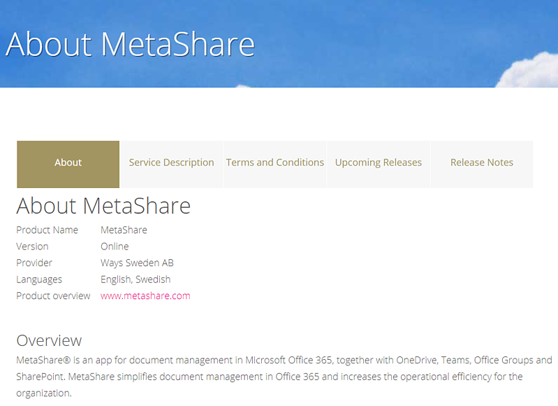 Pages under About MetaShare
