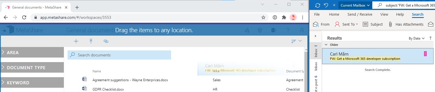 Drag and drop e-mails and/or their attachments to MetaShare